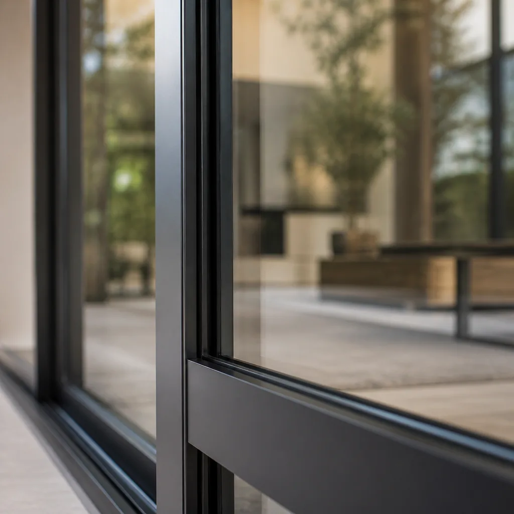 Modern black metal front door frame installation during home renovation.
