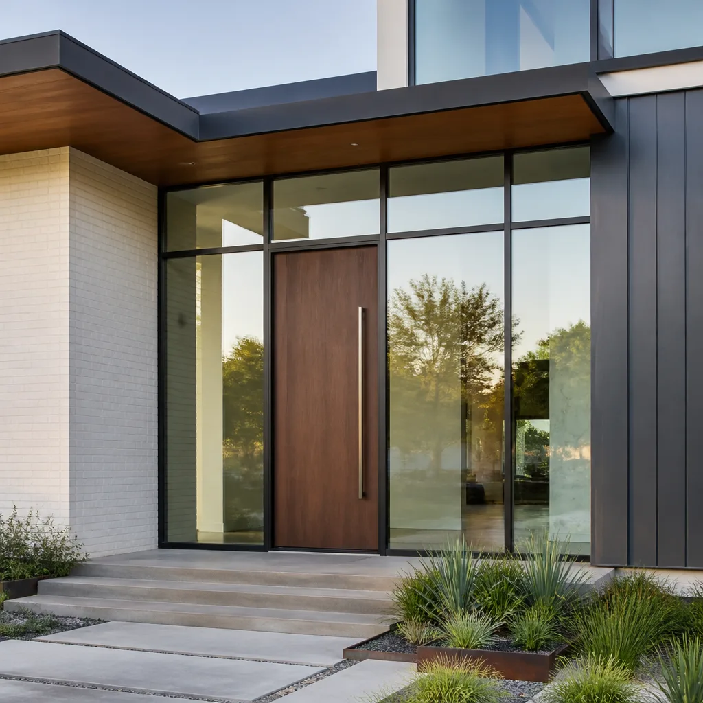 Modern wood front door entry with floor-to-ceiling glass sidelights