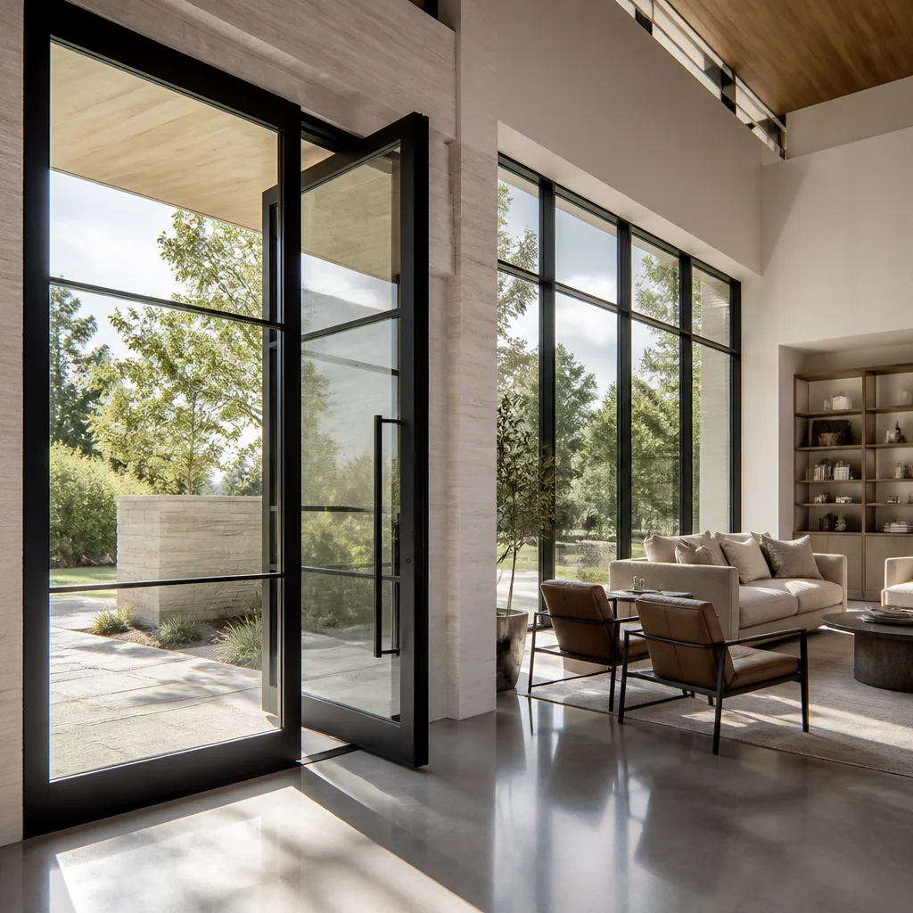 Modern black-framed glass doors installed in a luxury home living room.