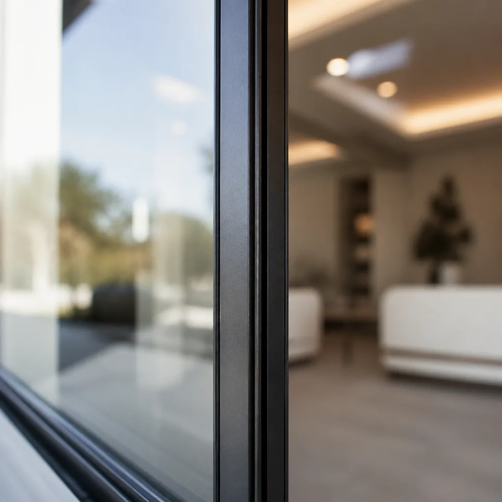 Close-up of black aluminum window frame and glass panel