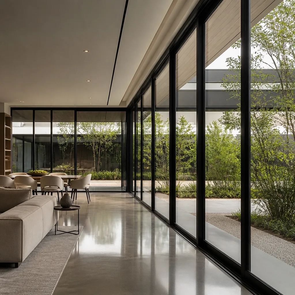 Modern floor-to-ceiling glass wall system in a luxurious home interior