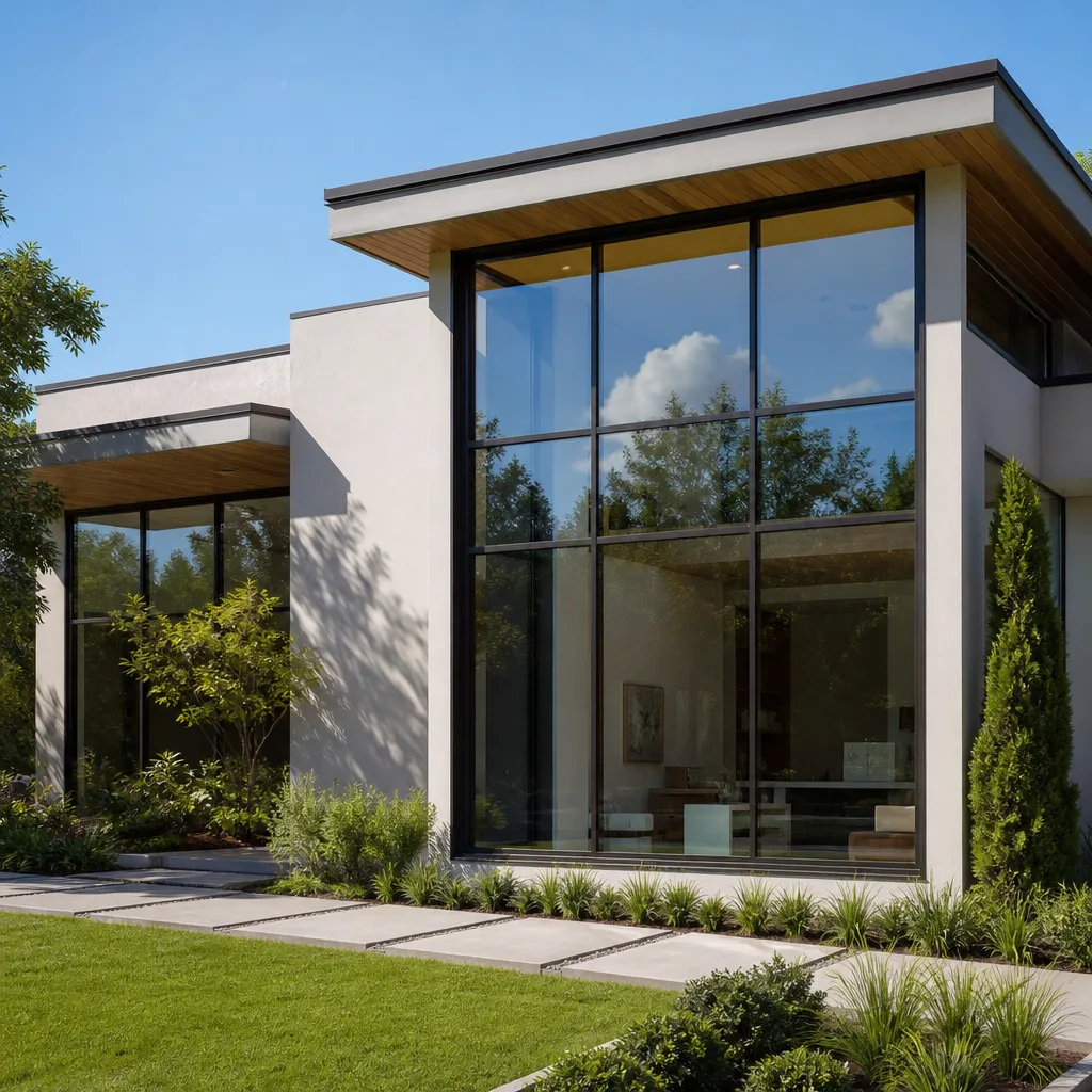 Modern home exterior with large glass windows requiring professional window repair